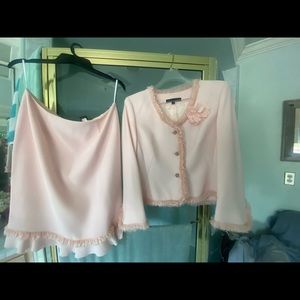 Women’s Skirt Suit Pink silk Frills Jeweled